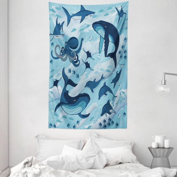 Abakuhaus Arazzo E Copriletto Blu, Delfini, Polpi E Stelle Marine In Morbido Tessuto Microfibra Lavabile Senza Scolorimento, Stampa Digitale, 140 X 230 Cm, Blu-image
