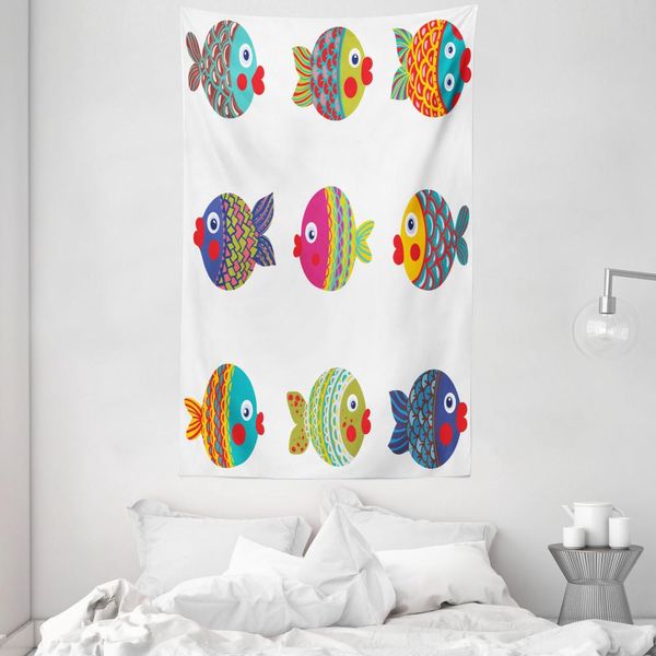 Abakuhaus Arazzo Etnico E Copriletto, Pesci Caricaturali In Morbido Tessuto Microfibra Lavabile Senza Scolorimento Stampa Digitale, 140 X 230 Cm, Multicolore-image