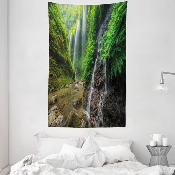 Abakuhaus Arazzo E Copriletto Paesaggistico, Cascata Nel Bosco In Morbido Tessuto Microfibra Lavabile Senza Scolorimento, Stampa Digitale, 140 X 230 Cm, Verde E Marrone-image