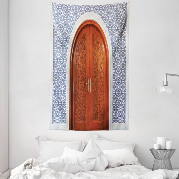 Abakuhaus Arazzo E Copriletto Asiatico, Porta In Legno Antico Con Stelle In Morbido Tessuto Microfibra Lavabile Senza Scolorimento, Stampa Digitale, 140 X 230 Cm, Marrone Blu-image