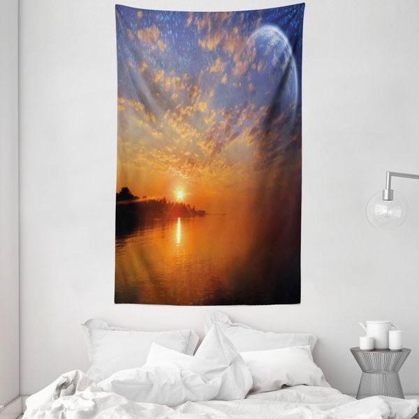Abakuhaus Tappeto Da Parete E Copriletto, Skyline Con Pianeta Sole In Morbido Tessuto Microfibra Lavabile Senza Scolorimento, Stampa Digitale, 140 X 230 Cm, Arancione Blu-image