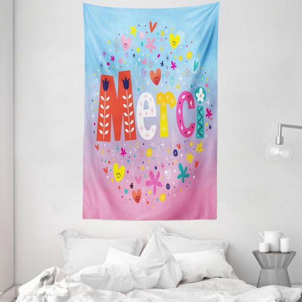 Abakuhaus Paris Arazzo E Copriletto, Parole Francesi Con Cuori In Morbido Tessuto Microfibra Lavabile Senza Scolorimento Stampa Digitale, 140 X 230 Cm, Multicolore-image