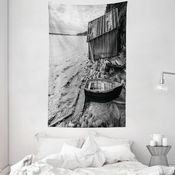 Abakuhaus Tappeto E Copriletto Bianco E Nero, Barca Da Pesca In Morbido Tessuto Microfibra Lavabile Senza Scolorimento Stampa Digitale, 140 X 230 Cm, Grigio-image