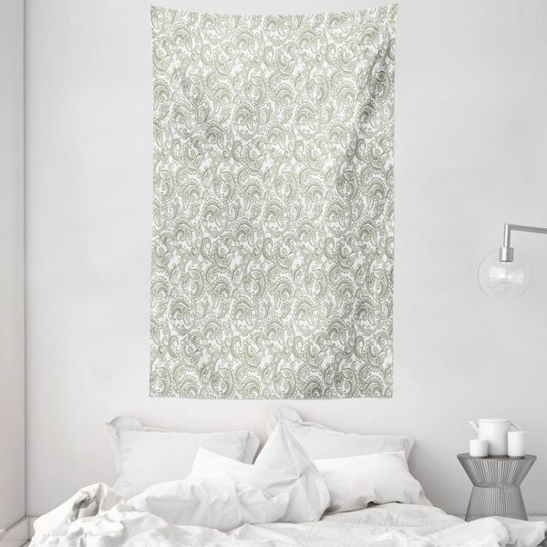 Abakuhaus Arazzo Floreale E Copriletto, Damasco Con Motivi Etnici In Morbido Tessuto Microfibra Lavabile Senza Scolorimento, Stampa Digitale, 140 X 230 Cm, Verde Reseda E Bianco-image