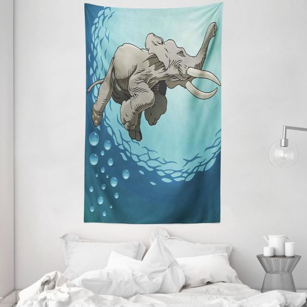 Abakuhaus Arazzo E Copriletto Con Animali, Elefante Nell'oceano Tropicale In Morbido Tessuto Microfibra Lavabile Senza Scolorimento, Stampa Digitale, 140 X 230 Cm, Blu-Grigio-Turchese-image