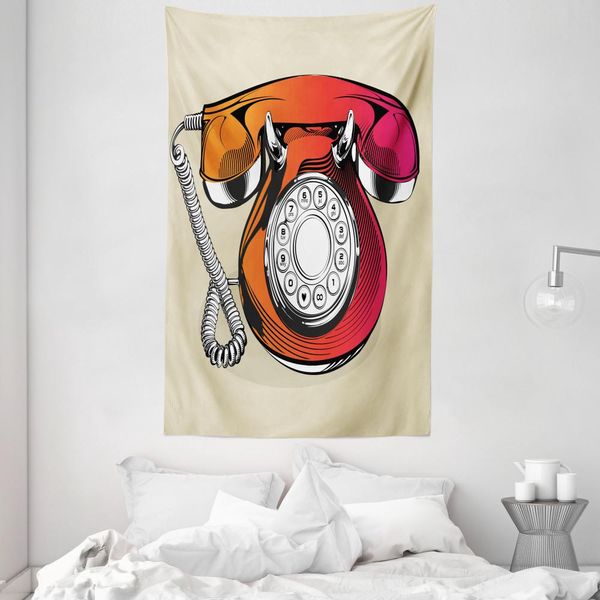 Abakuhaus Tappeto Da Parete E Copriletto Rosso, Telefono Classico Retrò In Morbido Tessuto Microfibra Lavabile Senza Scolorimento, Stampa Digitale, 140 X 230 Cm, Rosso E Beige-image