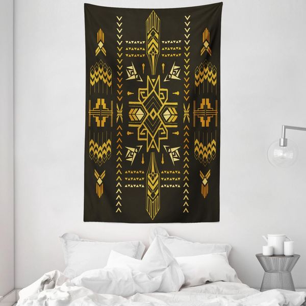 Abakuhaus Arazzo Geometrico E Copriletto, Tribal Vintage Aztec In Morbido Tessuto Microfibra Lavabile Senza Scolorimento Stampa Digitale, 140 X 230 Cm, Marrone Scuro Senape-image