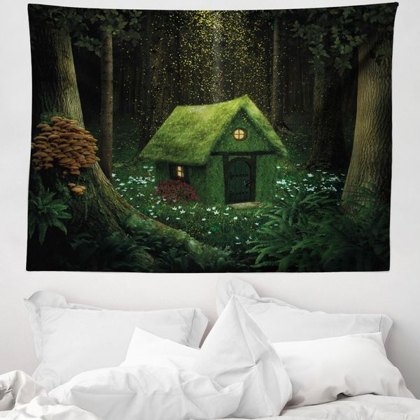 Abakuhaus Arazzo Verde, Surreal Waldhaus In Morbido Tessuto Microfibra Lavabile Senza Scolorimento Stampa Digitale, 150 X 110 Cm, Verde Cacciatore Verde Militare-image