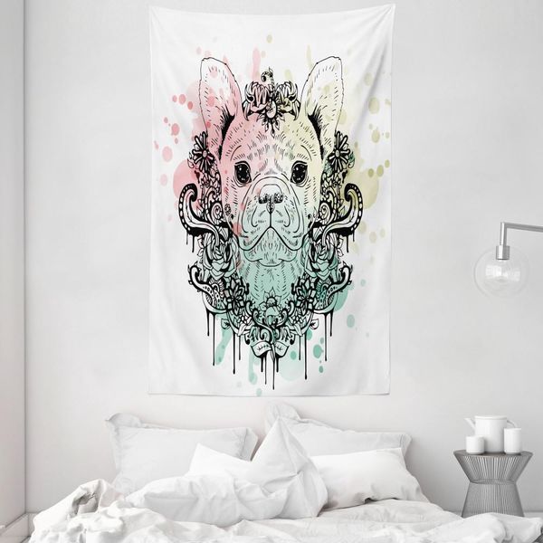 Abakuhaus Arazzo E Copriletto Con Animali, Bulldog Francese Fiori In Morbido Tessuto Microfibra Lavabile Senza Scolorimento Stampa Digitale, 140 X 230 Cm, Verde Chiaro Rosa Pallido-image