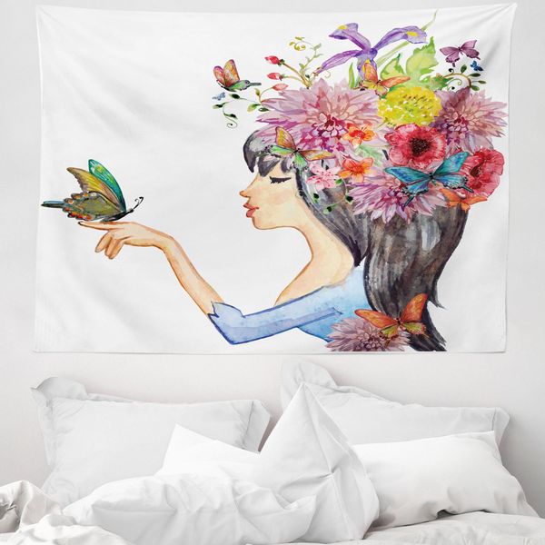 Abakuhaus Arazzo Colorato, Donna Dai Capelli Lunghi In Morbido Tessuto Microfibra Lavabile Senza Scolorimento Stampa Digitale, 150 X 110 Cm, Multicolore-image