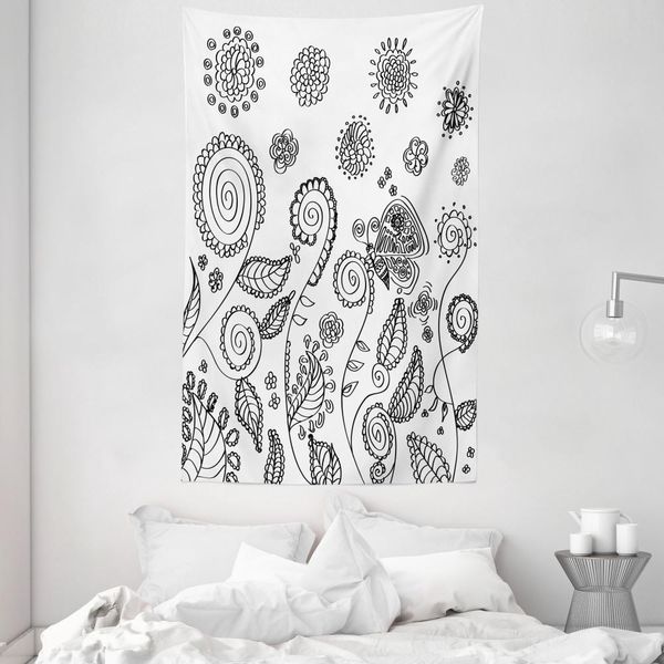 Abakuhaus Arazzo Rustico E Copriletto, Motivi Floreali Vorticosi In Morbido Tessuto Microfibra Lavabile Senza Scolorimento Stampa Digitale, 140 X 230 Cm, Bianco Nero-image