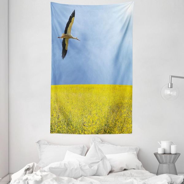 Abakuhaus Arazzo E Copriletto Giallo E Blu, Stork Fliegen In Morbido Tessuto Microfibra Lavabile Senza Scolorimento Stampa Digitale, 140 X 230 Cm, Multicolore-image