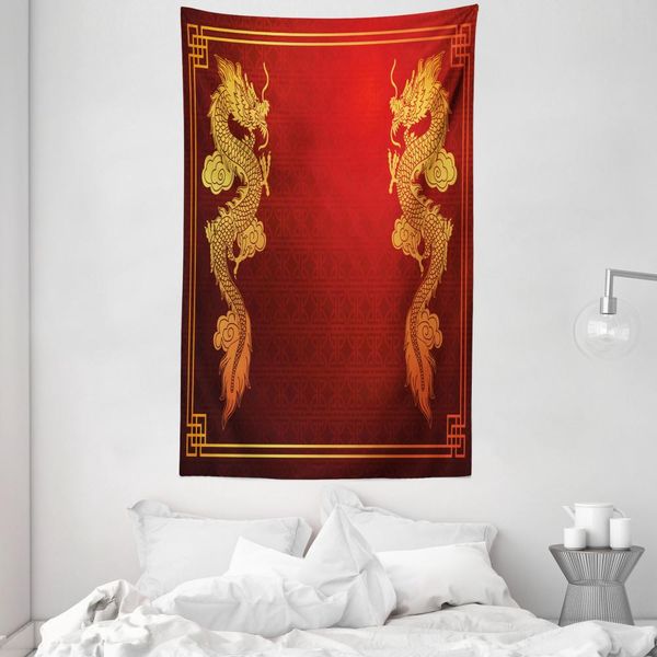 Abakuhaus Arazzo E Copriletto Con Draghi, Creature Storiche In Morbido Tessuto Microfibra Lavabile Senza Scolorimento Stampa Digitale, 140 X 230 Cm, Arancione Giallo-image