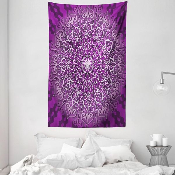 Abakuhaus Arazzo E Copriletto Viola Mandala, Tibetian Cosmos In Morbido Tessuto Microfibra Lavabile Senza Scolorimento Stampa Digitale, 140 X 230 Cm, Bianco Viola-image
