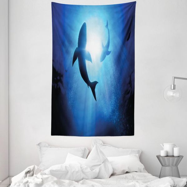 Abakuhaus Arazzo E Copriletto Hai, Pesci Che Nuotano Nell'oceano In Morbido Tessuto Microfibra Lavabile Senza Scolorimento, Stampa Digitale, 140 X 230 Cm, Blu Reale-image