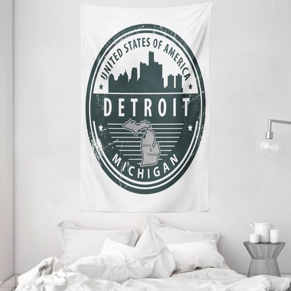 Abakuhaus Detroit Arazzo E Copriletto, Michigan Old Stamp In Morbido Tessuto Microfibra Lavabile Senza Scolorimento Stampa Digitale, 140 X 230 Cm, Nero Bianco Grigio-image