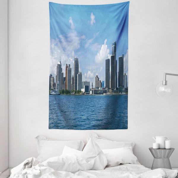 Abakuhaus Detroit Arazzo E Copriletto, Downtown-Line In Morbido Tessuto Microfibra Lavabile Senza Scolorimento Stampa Digitale, 140 X 230 Cm, Azzurro Bianco Grigio-image