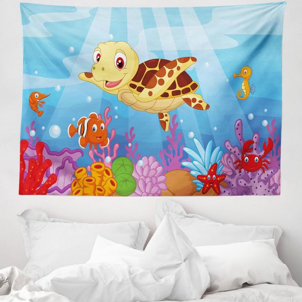 Abakuhaus Kids Arazzo, Tartaruga E Pesciolini In Morbido Tessuto Microfibra Lavabile Senza Scolorimento Stampa Digitale, 150 X 110 Cm, Multicolore-image