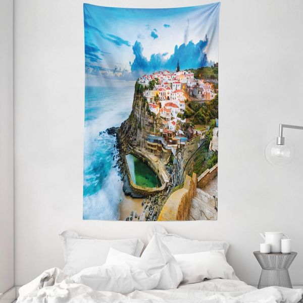 Abakuhaus Arazzo E Copriletto Mediterraneo, Città Portoghese In Morbido Tessuto Microfibra Lavabile Senza Scolorimento Stampa Digitale, 140 X 230 Cm, Multicolore-image