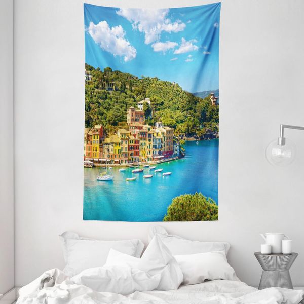 Abakuhaus Italia Arazzo E Copriletto, Vista Panoramica Di Portofino Morbido Tessuto In Microfibra Lavabile Senza Scolorimento Stampa Digitale, 140 X 230 Cm, Verde Blu Giallo-image