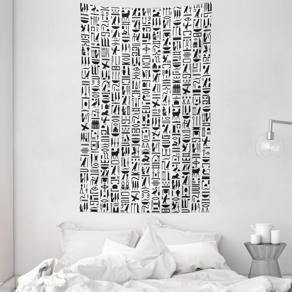 Abakuhaus Arazzo Egiziano E Copriletto, Geroglifici Monocromatici In Morbido Tessuto Microfibra Lavabile Senza Scolorimento Stampa Digitale, 140 X 230 Cm, Bianco Nero-image
