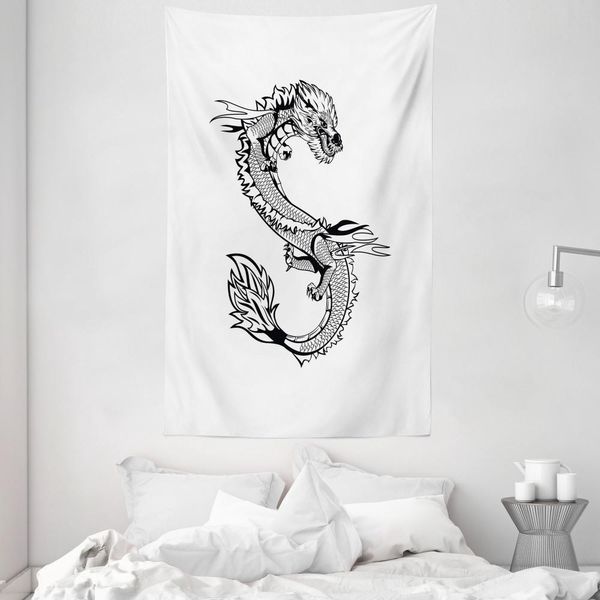 Abakuhaus Arazzo E Copriletto Con Draghi, Esoterico, In Morbido Tessuto Microfibra, Lavabile Senza Scolorimento, Stampa Digitale, 140 X 230 Cm, Bianco E Nero-image