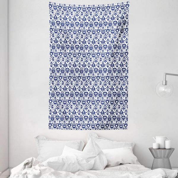 Abakuhaus Arazzo E Copriletto Blu Navy, Ikat Vintage In Morbido Tessuto Microfibra Lavabile Senza Scolorimento, Stampa Digitale, 140 X 230 Cm, Blu Bianco-image