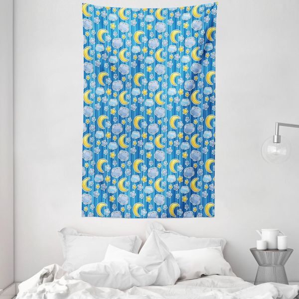 Abakuhaus Arazzo E Copriletto Per Bambini, Motivo Luna E Nuvole In Morbido Tessuto Microfibra Lavabile Senza Scolorimento, Stampa Digitale, 140 X 230 Cm, Blu Giallo-image