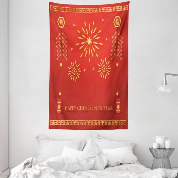 Abakuhaus Arazzo E Copriletto Cinese, Lunar Oriental Festival In Morbido Tessuto Microfibra Lavabile Senza Scolorimento Stampa Digitale, 140 X 230 Cm, Vermiglio E Giallo-image