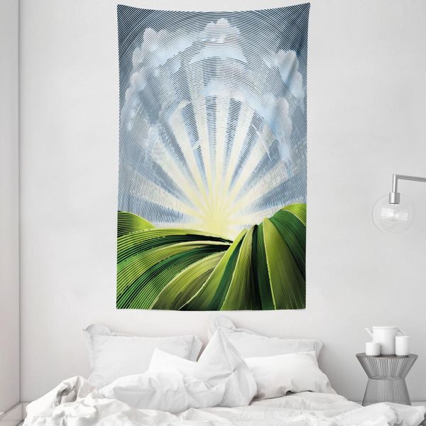 Abakuhaus Arazzo E Copriletto Psichedelico, Vintage Pastoral In Morbido Tessuto Microfibra Lavabile Senza Scolorimento Stampa Digitale, 140 X 230 Cm, Giallo Pallido Verde-image