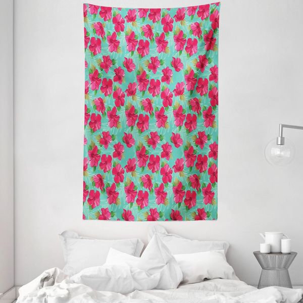Abakuhaus Tappezzeria E Copriletto Hawaiano, Ibisco Botanico In Morbido Tessuto Microfibra Lavabile Senza Scolorimento Stampa Digitale, 140 X 230 Cm, Magenta Seafoam-image