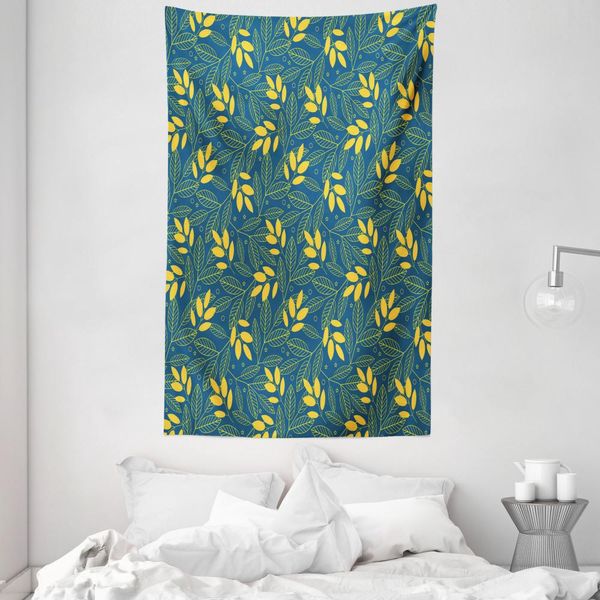 Abakuhaus Arazzo E Copriletto Giallo E Blu, Motivo Foglie Autunnali, Morbido Tessuto In Microfibra, Lavabile Senza Scolorimento, Stampa Digitale, 140 X 230 Cm, Blu Scuro E Giallo-image
