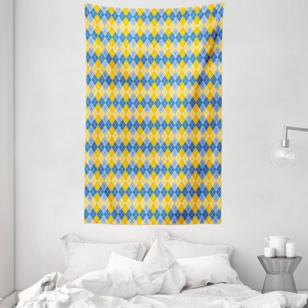 Abakuhaus Arazzo E Copriletto Giallo E Blu, Motivo Argyle In Morbido Tessuto Microfibra Lavabile Senza Scolorimento, Stampa Digitale, 140 X 230 Cm, Blu, Azzurro, Giallo-image