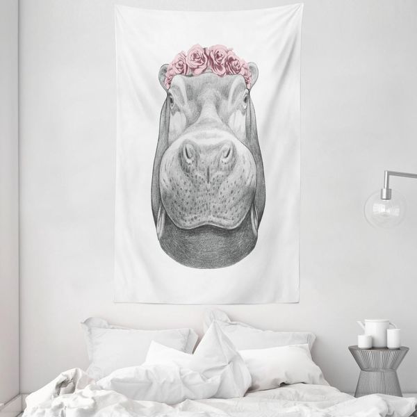 Abakuhaus Arazzo E Copriletto Con Ippopotamo, Disegno Animale In Morbido Tessuto Microfibra Lavabile Senza Scolorimento, Stampa Digitale, 140 X 230 Cm, Rosa Chiaro Grigio Pallido-image