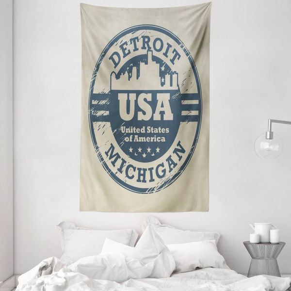 Abakuhaus America Arazzo E Copriletto, Detroit Michigan Stamp In Morbido Tessuto Microfibra Lavabile Senza Scolorimento Stampa Digitale, 140 X 230 Cm, Blu Grigio Tortora Grigio-image