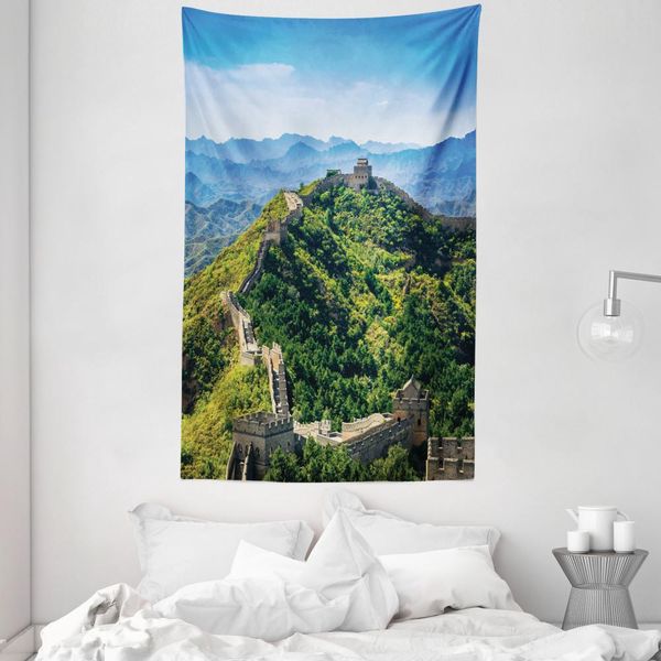 Abakuhaus China Arazzo E Copriletto, Wall Of China In Morbido Tessuto Microfibra Lavabile Senza Scolorimento Stampa Digitale, 140 X 230 Cm, Verde, Beige E Blu-image