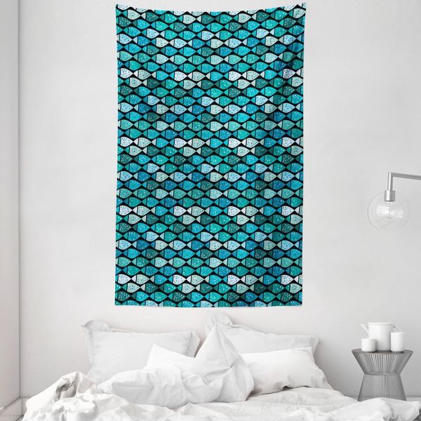 Abakuhaus Arazzo E Copriletto Con Motivo A Pesci, Grafica Doodle Aquarium In Morbido Tessuto Microfibra Lavabile Senza Scolorimento Stampa Digitale, 140 X 230 Cm, Multicolore-image