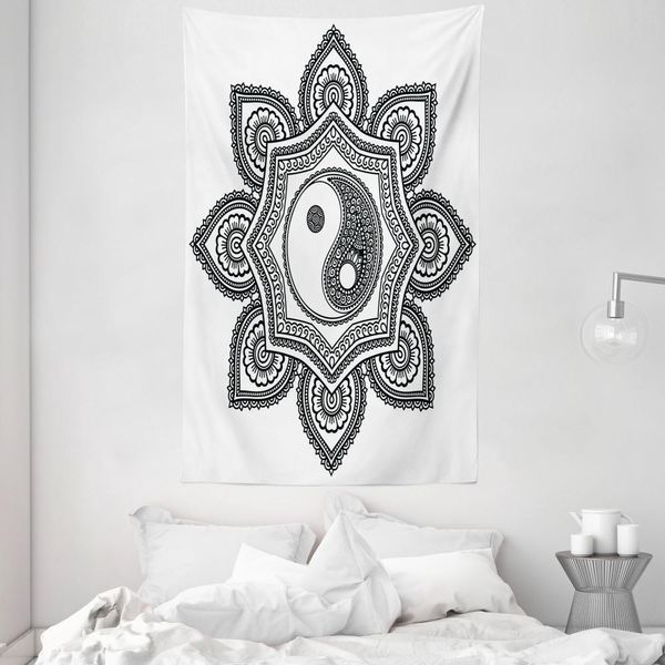 Abakuhaus Arazzo E Copriletto Bianco E Nero, Mandala In Morbido Tessuto Microfibra Lavabile Senza Scolorimento Stampa Digitale, 140 X 230 Cm, Bianco E Nero-image