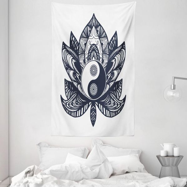 Abakuhaus Arazzo E Copriletto Yin-Yang, Foglia Di Loto Spirituale In Morbido Tessuto Microfibra Lavabile Senza Scolorimento Stampa Digitale, 140 X 230 Cm, Blu Scuro Bianco-image