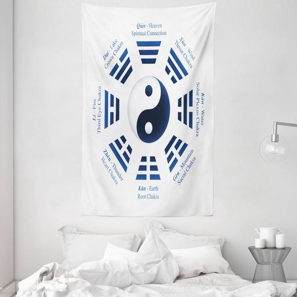 Abakuhaus Arazzo E Copriletto Yin-Yang, Trigrammi I-Ching Nomi In Morbido Tessuto Microfibra Lavabile Senza Scolorimento Stampa Digitale, 140 X 230 Cm, Blu Navy Bianco-image