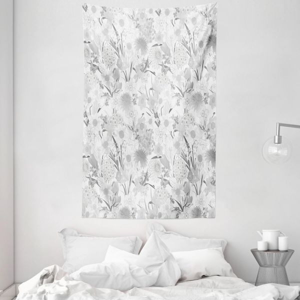 Abakuhaus Arazzo E Copriletto Con Motivo Floreale, Bouquet Monocromatico In Morbido Tessuto Microfibra Lavabile Senza Scolorimento, Stampa Digitale, 140 X 230 Cm, Grigio Chiaro E Bianco-image