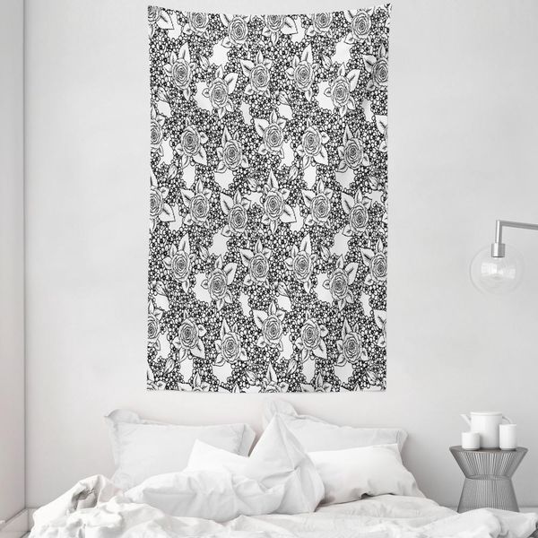 Abakuhaus Arazzo E Copriletto Rose, Floreale Monocromatico Romantico In Morbido Tessuto Microfibra Lavabile Senza Scolorimento, Stampa Digitale, 140 X 230 Cm, Bianco E Nero-image