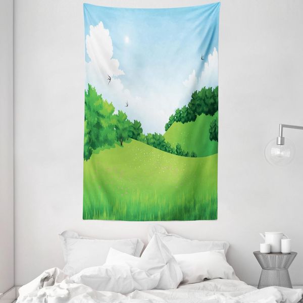 Abakuhaus Arazzo E Copriletto In Erba, Forest Hills Con Vista Panoramica In Morbido Tessuto Microfibra Lavabile Senza Scolorimento Stampa Digitale, 140 X 230 Cm, Blu Verde-image