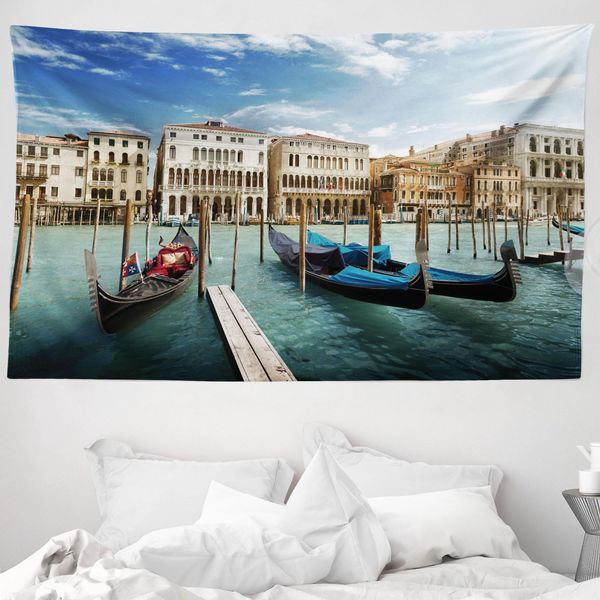 Abakuhaus Italia Arazzo, Gondole Laguna Di Venezia In Morbido Tessuto Microfibra Lavabile Senza Scolorimento Stampa Digitale, 230 X 140 Cm, Verde Blu Bianco-image