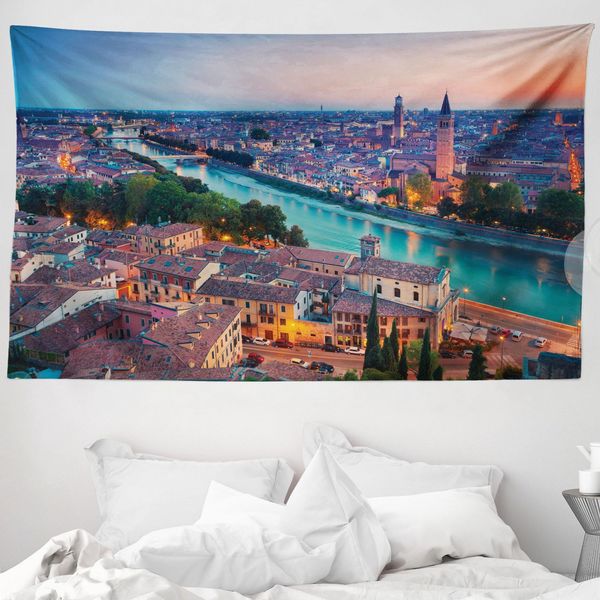 Abakuhaus Italia Arazzo, Verona Italia Blue Hour In Morbido Tessuto Microfibra Lavabile Senza Scolorimento Stampa Digitale, 230 X 140 Cm, Verde Corallo Acquamarina-image