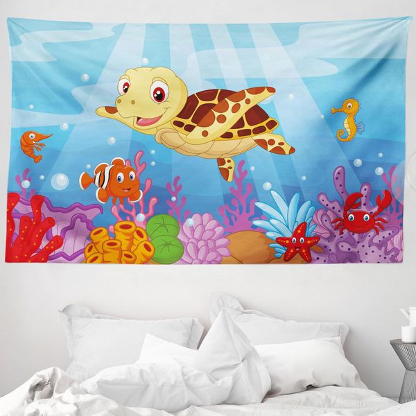 Abakuhaus Kids Arazzo, Tartaruga E Pesciolini In Morbido Tessuto Microfibra Lavabile Senza Scolorimento Stampa Digitale, 230 X 140 Cm, Multicolore-image