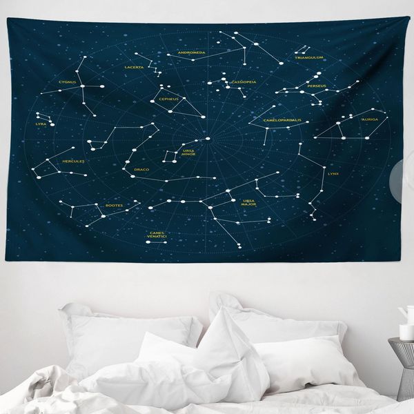 Abakuhaus Arazzo Con Costellazioni, Mappa Stellare In Morbido Tessuto Microfibra Lavabile Senza Scolorimento, Stampa Digitale, 230 X 140 Cm, Blu Scuro, Giallo, Bianco-image