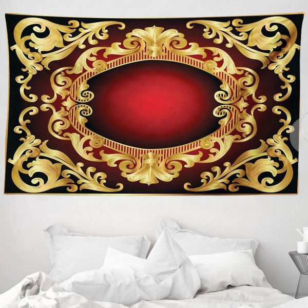 Abakuhaus Arazzo Giallo Damascato, Cornice Barocca In Morbido Tessuto Microfibra Lavabile Senza Scolorimento, Stampa Digitale, 230 X 140 Cm, Terra Giallo Bordeaux-image