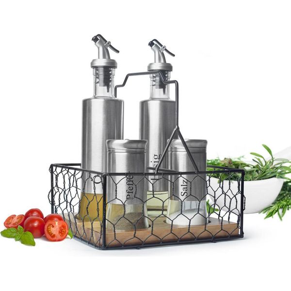 Set Di 5 Ampolle Con Cestinoe Pepe Dispenser Olio Dispenser Aceto Dispenser Acciaio Inox Vetro-image