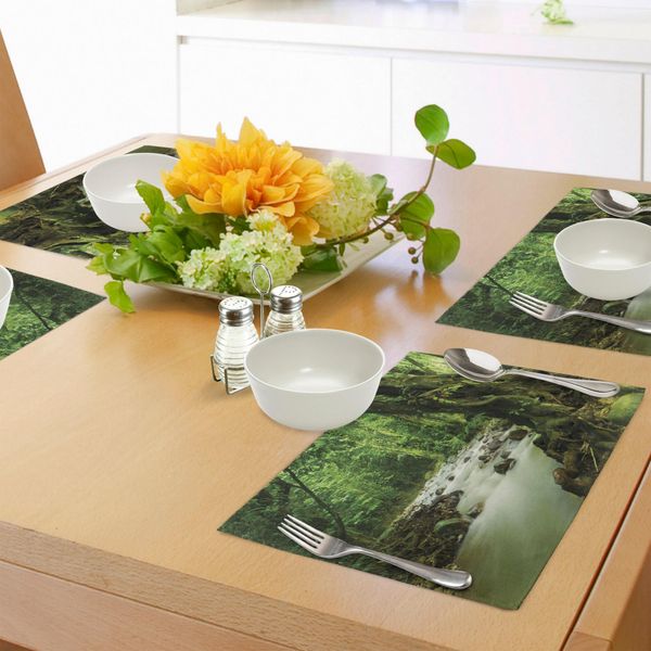 Tovagliette Abakuhaus Rainforest, Foresta Pluviale Tropicale E Rocky River Nello Stato Di Selangor, Malesia Asian Wildlife, Tiscjdeco In Tessuto Resistente Al Lavaggio Per La Sala Da Pranzo E La Cucina, Verde Marrone-image